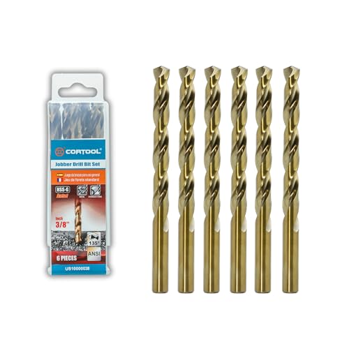 CORTOOL 3/8 inch Cobalt Drill Bits (6Pcs), M35 HSS Metal Jobber Length Twist Drill Bit Set for Hard Metal, Stainless Steel, Iron, Copper, Aluminium, Brass, Plastic & Wood