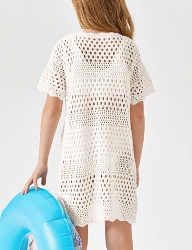 Image of Amarmia Girls Swim Cover Up Crochet Bathing Suit Cover Ups Short Sleeve Summer Beach Dress