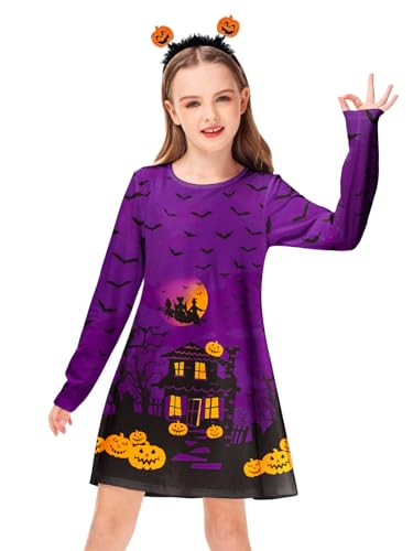 Deerose Girls Halloween Dresses Long Sleeve Holiday Swing Dress Crewneck Cute Printed Outfits 3-14 Years4