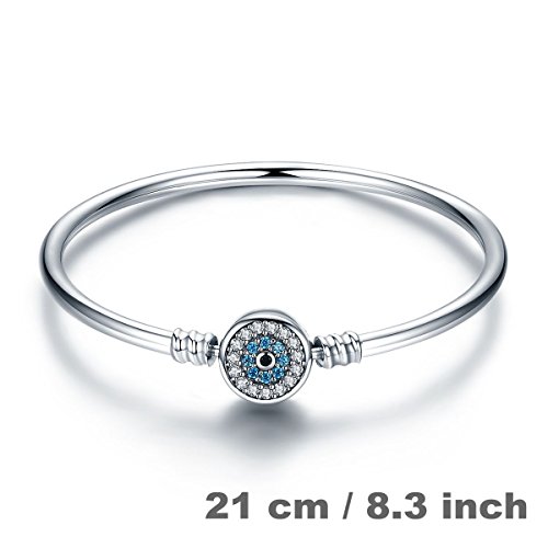 BISAER Evil Eye Bracelet Sterling Silver Clasp Charm Bangle Bracelet for Bead Charms with Sapphire Gemstones Evil Eye Clip Lock Stopper(17/19cm/ 21cm)2