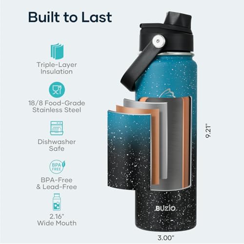 Image of BUZIO 24 oz Insulated Stainless Steel Water Bottle with Straw & Spout Lids