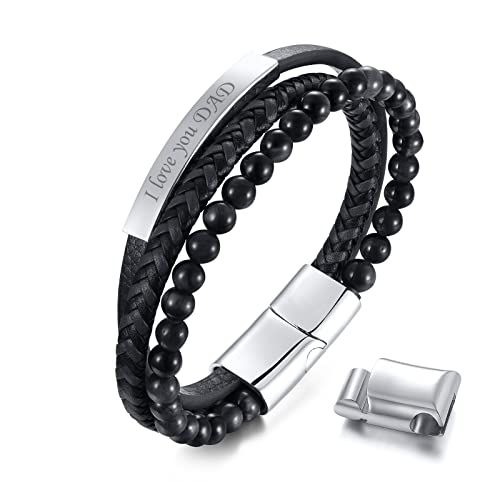 Mens Bracelets Beads Black - Mens Leather Bracelet Onyx Bead Braided Wristbands Gift for Boyfriend Birthday Graduation Fathers Day Christmas 7 Inches