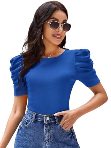 Image of POPWINGS Casual Solid Puff Short Sleeves Round Neck Top for Women |) Stylish Western Tops for Women || Summer Women Top