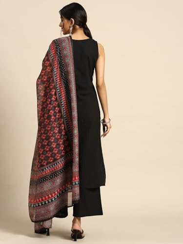 Image of GoSriKi Women's Cotton Blend Straight Solid Kurta with Palazzo & Dupatta