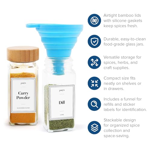 Joejis Spice Jars with Lids and Labels - 24 Pieces 120ml Glass Containers Set - Bamboo Lid - Ultimate Kitchen Storage Solution for Spices and Herbs - Image 3