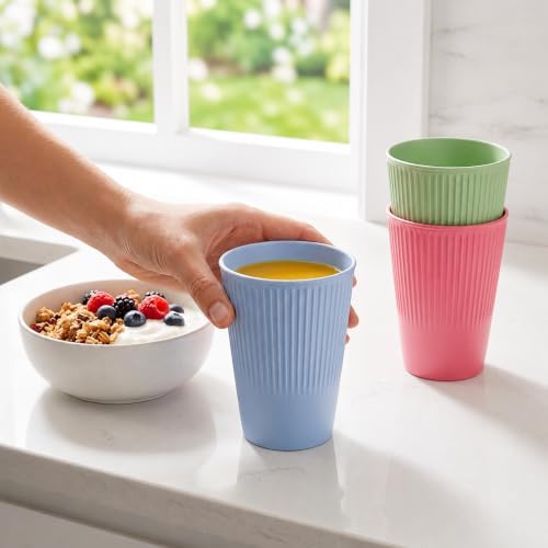 Image of Wheat Straw Cups - Set of 6 Reusable 400ml Drinking Glasses | Ribbed Unbreakable Lightweight Tumblers for Water, Juice, Tea, Coffee | Home, Kitchen, Outdoor Use (Multicolor)