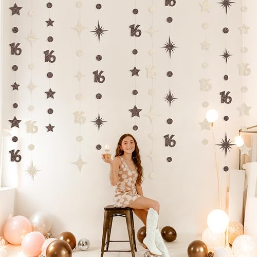 Image of Champagne Gold Brown 16th Birthday Decorations Number 16 Circle Dot Star Garland Streamer Banner Backdrop for Girls Boys Sweet Sixteen Cheers to 16 Years Old Happy 16th Birthday Party Supplies