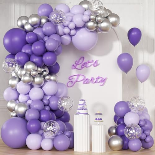 Image of 147pcs Purple Balloon Garland Arch Kit, Different Sizes with Dark Purple Light Purple Metallic Silver Confetti Lavender Latex Balloons for Baby Shower Wedding Birthday Party Decorations