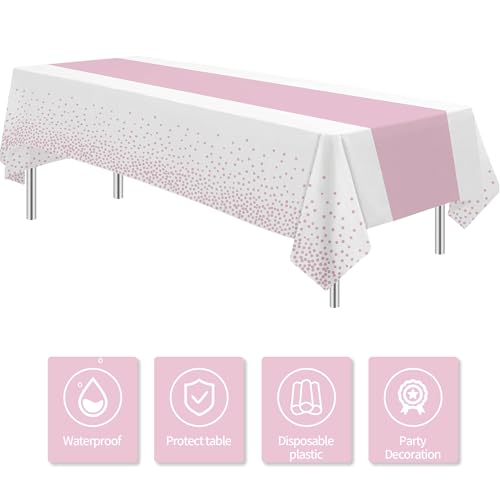 Image of White and Pink Party Decorations Tablecloth, 3 Pack Disposable Light Pink Dot Table Cover Printed Table Runner for Birthday Baby Bridal Shower Wedding Anniversary Graduation, 86in x 55in