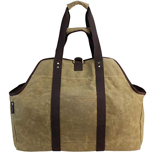 MyFirePlaceDirect Waxed Canvas Log Carrier Tote Bag, Extra Large Durable Firewood Holder with Handles and Shoulder Strap, Heavy Duty Wood Carrying Bag for Fireplaces & Wood Stoves - Thumbnail 2