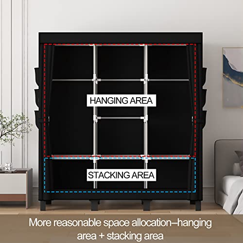 LOEFME Canvas Wardrobe 172 * 130 * 45cm, Wardrobes for Bedroom, New Base Design Fabric Bedroom Wardrobes with 2 Hanging Rails and 18 Side Bags, Fabric Closet, Cheap Folding Wardrobe, Black - Image 5