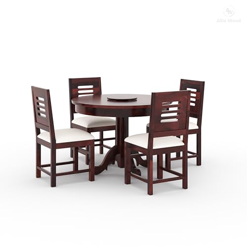 Image of Solid Sheesham Wood Round Dining Table Set 4 Seater | Four Seater Dining Table 4 Seater with 4 Modern Chairs for Living Room | 4 Seater Dining Set for Hotel Restaurant (Walnut, 4 Seater)