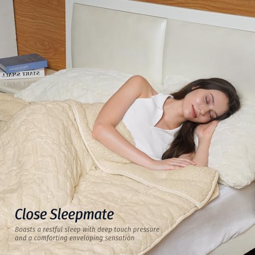Wemore Weighted Blanket for Adults Twin Size 20 lbs, Dual Sided Soft Fuzzy Jacquard Sherpa Weighted Blankets for Sleeping, Cozy Fluffy Knitted Heavy Blanket for Couch Bed, Khaki, 60 x 80 inches