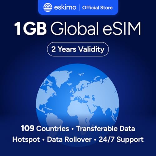 Eskimo Global 1-30GB Travel eSIM | 2 Year Validity | 5G High Speed Data (1GB)