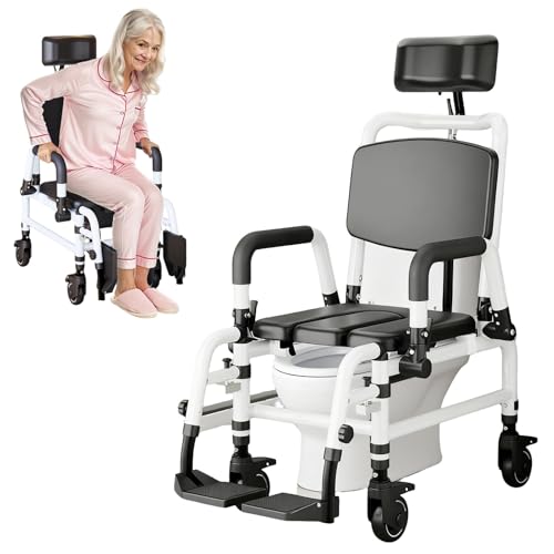 Chaise De Douche À Roulettes, Fauteuil Roulant De Douche 3 En 1 Avec Siège De Toilette À Roulettes, Bras Rabattables Et Seau Amovible, Toilettes Mobiles Pour Personnes Âgées, Réglable Hauteur
