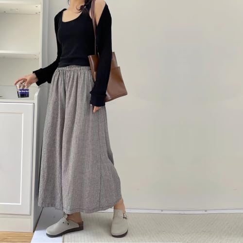 Japanese plaid skirt pantswomen's artistic retro plaid cotton linen skirt pantsloose oversized casual pants3