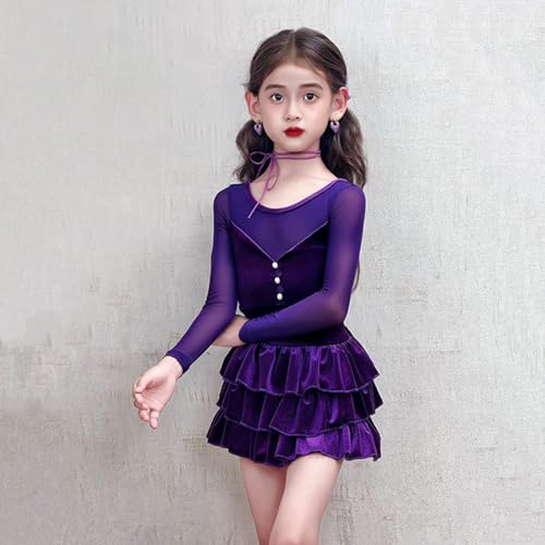 Robe de danse latine manches longues enfant velours extensible de salon