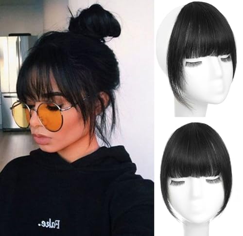 ORIGEN Clip In Bangs Real Human Hair Jet Black Wispy Fake Bangs For Women