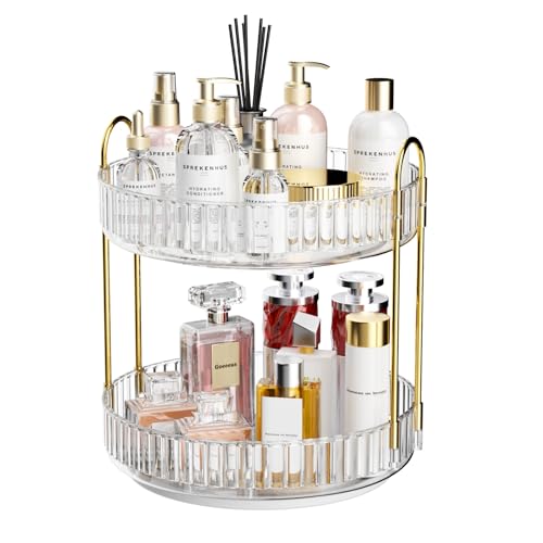 GTI 360° Rotating Makeup Organizer, 2 Tier Bathroom Counter Organizer,Large Capacity Perfume Cosmetics Skincare Vanity Organizers, Dresser Spinning Countertop Organizer and Storage for Women (Clear)