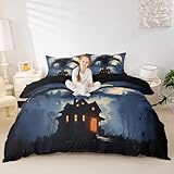 Howling Wolf Bedding Set Full Size,Gothic Castle Duvet Cover Set for Kids Boys Teens Men Room Decor,Western Moon Night Werewolf Theme Comforter Cover Horror Wild Animals Quilt Cover,2 Pillowcases