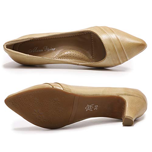 Image of Mona flying Women's Leather Pump Med Heel Pointed Toe Office Dressy Shoes