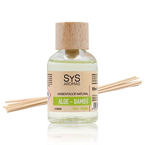 SYS Aromas Ambientador Mikado Aloe Vera y Bambú - Difusor con Varillas de Ratán - Larga Duración - Ideal para Hogar, Oficina, Baño - 50 ml con 8 Varillas