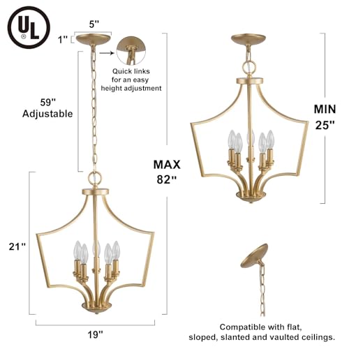 Image of KSANA Gold Chandelier, 5-Light Modern Pendant Lights Kitchen Island, 19'' Geometric Lantern Pendant Chandeliers Light Fixture for Dining Room, Bedroom, Entryway