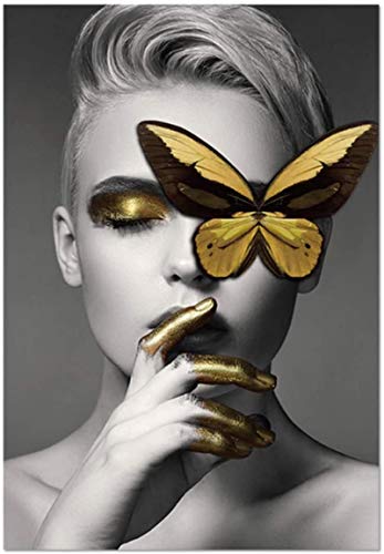 Pauorme Impression d'art Mural Abstrait Mur Art Photos Mode Femme Papillon lèvres Or et Blanc Noir Moderne Maison beauté décor Affiches 20x30 cm sans Cadre Cover