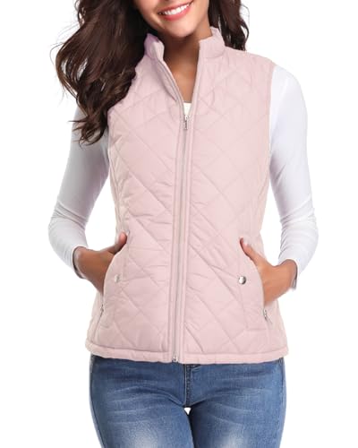 Fuinloth Women's Quilted Vest, Stand Collar Lightweight Zip Padded Gilet Light Pink L
