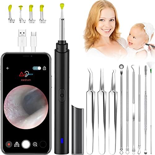 Ear Wax Removal and Blackhead Remover Tool, Ear Cleaner with 1296P Camera, Ear Cleaning Kit with 6 LED Light, IP67 Waterproof 3.5mm Len Wireless Otoscope for Kids Adults Pets