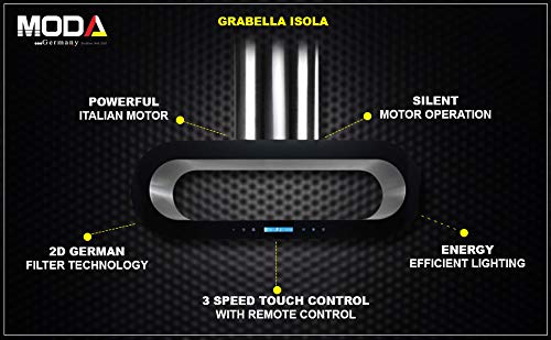 Image of GRABELLA ISOLA 1250 m /hr Black Glass Island Ceiling Mounted kitchen chimney (2D German Technology, 3 Speed Touch with Remote Control, Powerful Italian Motor)