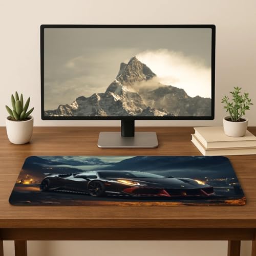 Image of Moto Edition Desk Mat 23x11 Inch - Racing-Themed Keyboard & Mouse Pad for Office, Home & Gaming | Non-Slip Rubber Base, Waterproof Surface, Supercar & Bike Inspired Table Mat (Night Drive)