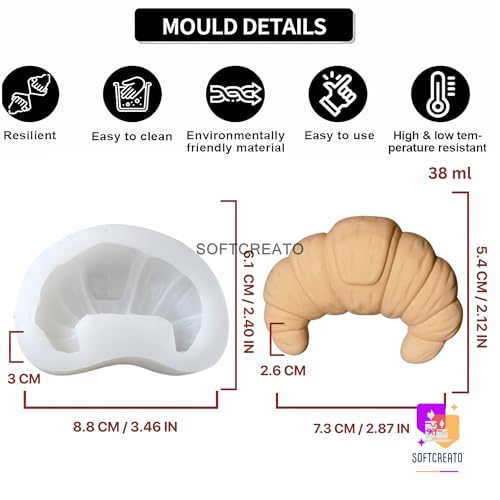 Image of Croissant Candle Mould Silicone | 3D Dessert Bakery Bread Shape Candle Making Silicone Mould | Cake Cupcake Wax Soap Resin Art Candle Molds for DIY Home Decoration (Croissant B)