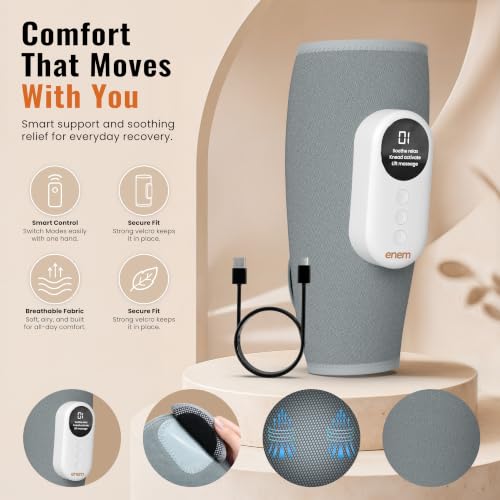 Image of enem Leg Massager for Pain Relief, Leg Massager, With 3 Massage Modes, 3 Intensity Levels & 3 Heating Modes, Calf Massager, With 1 Year Warranty, With Adjustable Leg Wraps for Muscle Relaxation, Pack of 2, Grey