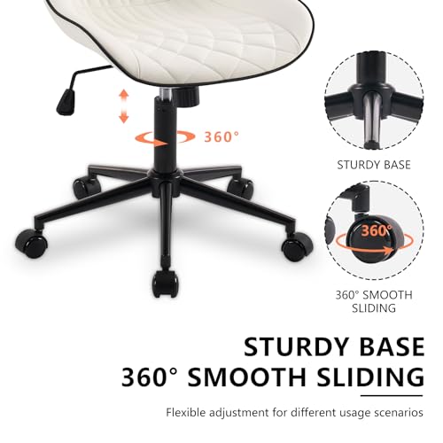 Image of YOUNIKE White Ergonomic Office Desk Chair No Arms Comfy Small Vanity Chair with Wheels Swivel Adjustable Modern Computer Task Chair with Back Armless Cute Leather Upholstered Rolling Chair