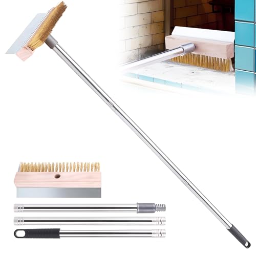 Brosse de four à pizza avec grattoir en acier, 120 cm, brosse de barbecue en laiton, longue poignée amovible en aluminium, grattoir pour four à pizza avec...