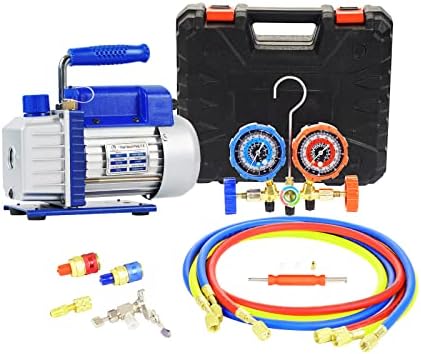 3.5CFM 1/4HP Single Stage Vacuum Pump and 3-Way Manifold Gauge Set for R12, R22, R134A, R502 Refrigerants with with Brass Valve Body for HVAC A/C Refrigeration Recharging and Maintenance, No Oil