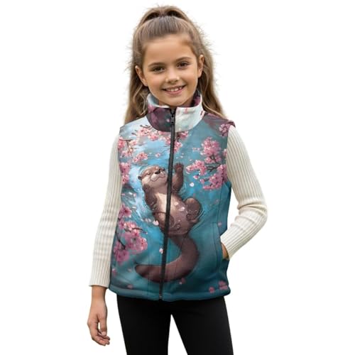 TOADDMOS Otter Full Zip Vest Wind Proof Cherry Blossoms Girls Zippered Vests 4T Soft Winter Lightweight Sleeveless Jacket with Pocket Fashion Warm Sleeveless Jacket for Spring Fall