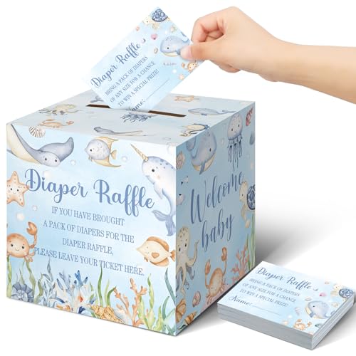 Image of Teling 51 Pieces Diaper Raffle Tickets with Card Box Baby Shower Decorations Baby Shower Holder Box for Girl Boy Diaper Raffle Party(Ocean Animals)
