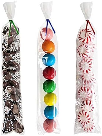 Purple Q Crafts Clear Plastic Cellophane Bags with 4" Colored Twist Ties for Gifts Party Favors (2"x10", 200 Pack)