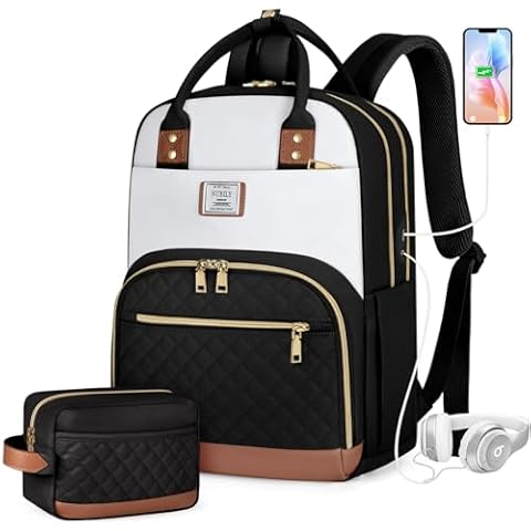 IGOLUMON Backpack for Women 15.6 Inch Laptop Backpack Work Business Backpacks Purse Waterproof Computer College Carry on Backpacks Nurse Bag Backbag 2 Sets Casual Daypack for Travel Black Cover