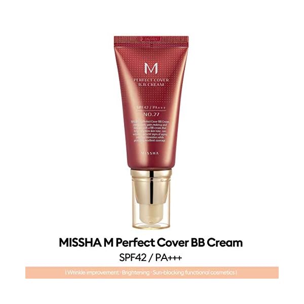MISSHA-M-PERFECT-COVER-BB-CREAM-27-SPF-42-PA-50ml-Lightweight-Multi-Function-High-Coverage-Makeup-to-help-infuse-moisture-for-firmer-looking-skin-with-reduction-in-appearance-of-fine-lines MISSHA M Perfect Cover BB Cream No.27 Honey beige for medium/tan skin SPF 42 PA +++ 1.69 Fl Oz - Tinted Moisturizer for face with SPF