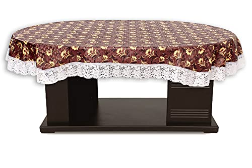 Image of The Furnishing Tree Waterproof PVC Oval Shaped 8 Seater Table Cover WxL 60x90 inches Floral Pattern Coffee Brown with White Border lace