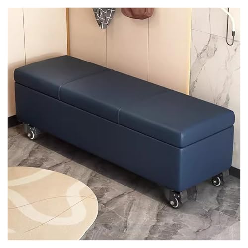 Banc de rangement bleu à roulettes : coffre ottoman rectangulaire