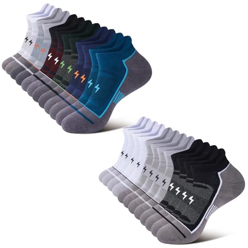 Mens Ankle Running Socks, Athletic Cushioned Low Cut Moisture Wicking Cotton Short Sports Socks, 12 Pairs(6 Multicolor 2 Black 2 White 2 Grey), Size 9-12