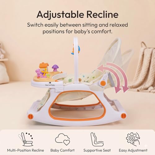 Image of StarandDaisy Dreamy Baby Rocker Chair with Play Tray, Mosquito Net & Toy Bar | Adjustable Recline, 3-Point Safety Harness | Infant Rocking Seat, Feeding Chair for Newborns & Toddlers 0-3 Years (Beige)