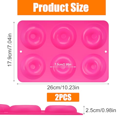 2 Pezzi Stampi Ciambelle Silicone, 6 Cavità φ7,5 cm Stampo Per Ciambelle, Senza BPA, Antiaderente Alimentare Resistente al Calore Stampi Silicone Ciambelle per Ciambelle, Torte, Bagel, Muffin (Rosa) - immagine 3