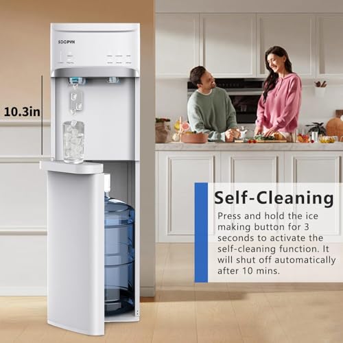 Self-Cleaning Bottom Load Water Cooler Dispenser with Ice Maker for 5 Gallon 3 Temperature Settings 22lbs Daily Capacity White