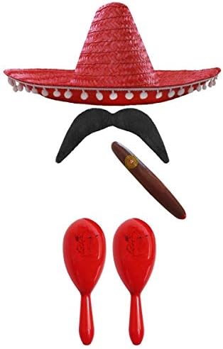 MEXICAN FANCY DRESS ACCESSORY SET. MEXICAN SOMBRERO + MARACAS + TASH. PERFECT FOR MEXICAN FANCY DRESS COSTUMES SENORITA BANDIT MARIACHI (BLACK POM POM SOMBRERO + GREEN AND RED MARACAS)