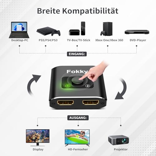 Fokky HDMI Switch HDMI Splitter, 4K@60Hz HDMI Verteiler 2 In 1 Out【mit 1M(3.3ft) HDMI 2.0 Kabel】 Aluminium Bidirektional HDMI Switcher 1 in 2 Out HDMI Umschalter für Xbox PS5 HDTV Blu-Ray